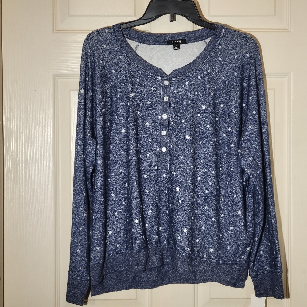 Alfani Women's Long-Sleeve Hacci Pajama Top Large Blue Star